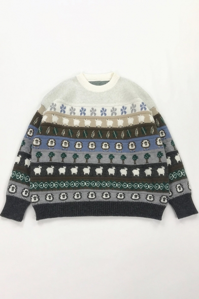 Vintage-Inspired Sheep Pattern Long Sleeve Round Neck Gray Jacquard Sweater