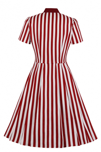 Vintage Ladies' Short Sleeve Bow Tie Collar Stripe Printed Button Down Midi Pleated Flared Party Dress