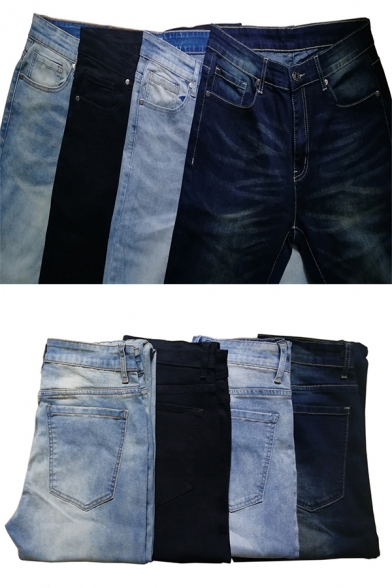 Vintage Style Mens Popular Solid Color Skinny Fit Jeans Stretchy Denim Pants with Pocket
