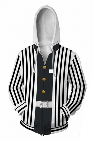White and Black Vertical Stripe 3D Print Long Sleeve Zip Up Leisure Cosplay Hoodie