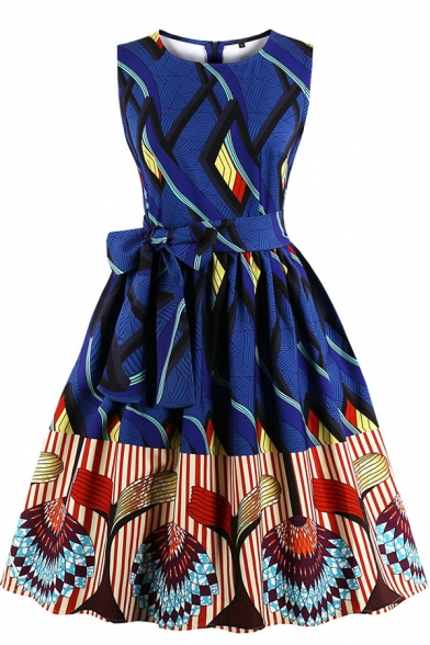 Women's Ethnic Fancy Sleeveless Round Neck Zipper Back Bow Tie Waist Floral Printed Mid Pleated Flared Dress in Blue