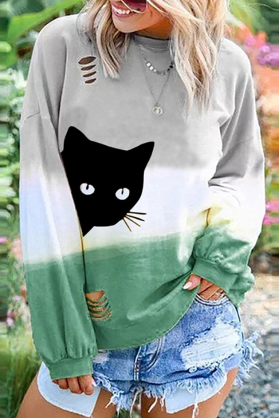Womens Lovely Cat Pattern Long Sleeve Round Neck Oversized Ombre Sweatshirt
