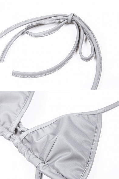 Womens Sexy Plain Silver Reflective Tied Halter Top with G-String Two Piece Bikini Set