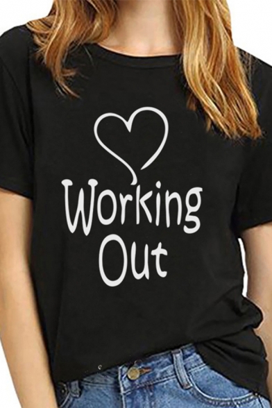 WORKING OUT Heart Pattern Short Sleeve Round Neck Graphic T-Shirt for Women