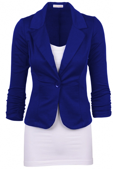 Basic Plain Long Sleeve Notch Collar Button Front Slim Fit Blazer for Women