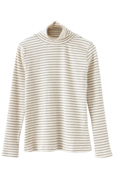 Basic Women's Long Sleeve Turtleneck Stripe Patterned Slim Fit Knit T Shirt