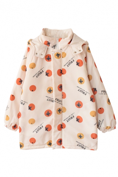 Beige Casual Long Sleeve Hooded FRUIT I LIKE MATUREONE Letter Tomato Print Zip Front Oversize Thick Coat for Women
