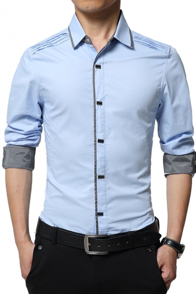 Business Fashion Contrast Trim Long Sleeve French Cuff Button Down Slim Fit Formal Shirt