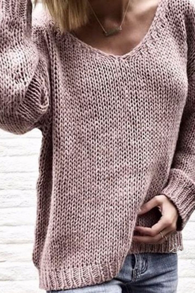 Casual Warm Long Sleeve V-Neck Plain Chunky Knit Oversize Pullover Sweater Top for Girls