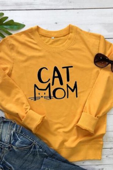 CAT MOM Letter Printed Long Sleeve Round Neck Relaxed Fit Leisure Sweatshirt