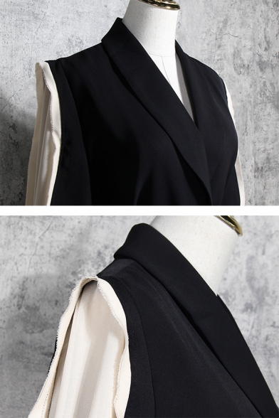 Chic Black Long Sleeve Shawl Collar Buckle Belted Contrasted Ruffle Trim Slim Slit Back Midi Blazer for Ladies