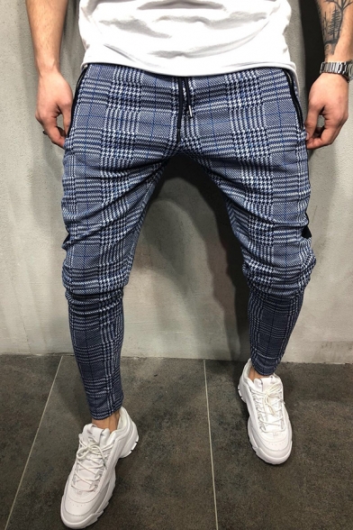 Classic Houndstooth Plaid Printed Zipper Pocket Side Tape Slim Fit Fashion Tapered Pants