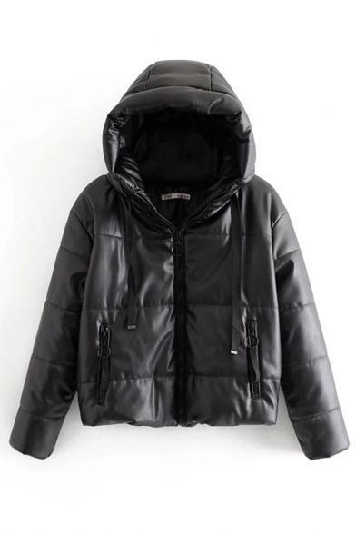 Cool Black Long Sleeve Hooded Drawstring Zipper Front Leather Thick Loose Puffer Jacket for  Girls