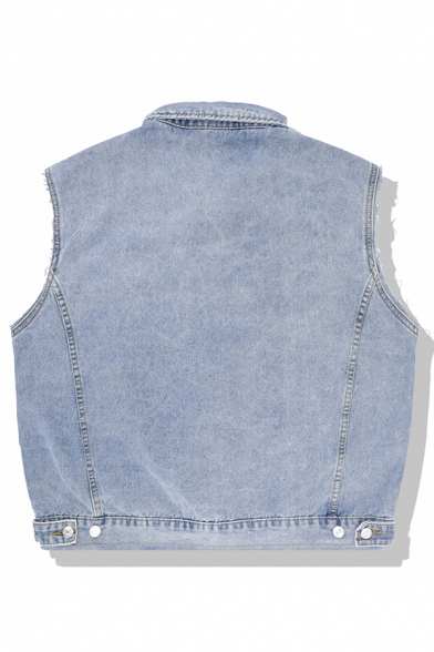 Cool Girls' Sleeveless Lapel Collar Button Down Utility Pockets Oversize Denim Vest in Light Blue