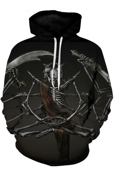 Creative Skull Skeleton Broadsword 3D Print Long Sleeve Black Pullover Hoodie
