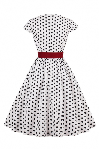 Cute Fancy Girls' Short Sleeve Boat Neck Zipper Back Polka Dot Print Belted Contrasted Midi Pleated Flared Gown Dress