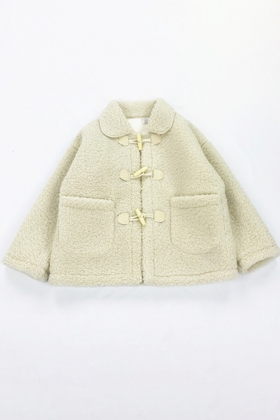 Cute Kawaii Girls' Bell Sleeve Lapel Collar Horn Button Down Pockets Side Plain Fluffy Thick Oversize Jacket
