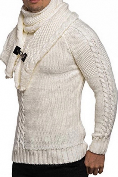 Designer Plain Buckle Detachable Scarf Long Sleeve Cable Knit Pullover Sweater