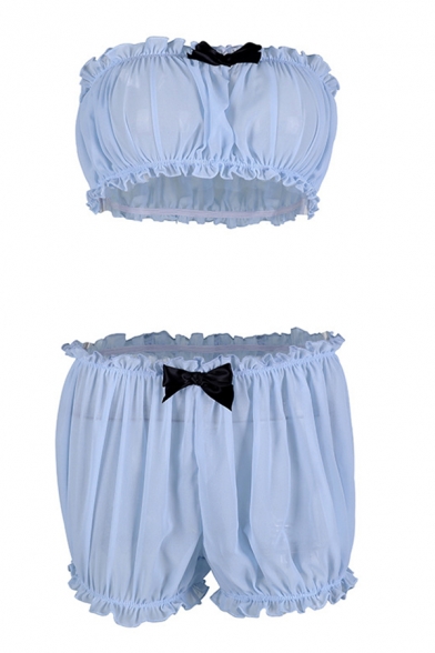 Edgy Girls Stringy Selvedge Bow Embellished Crop Tube Top with Shorts Blue Gauze Co-ords