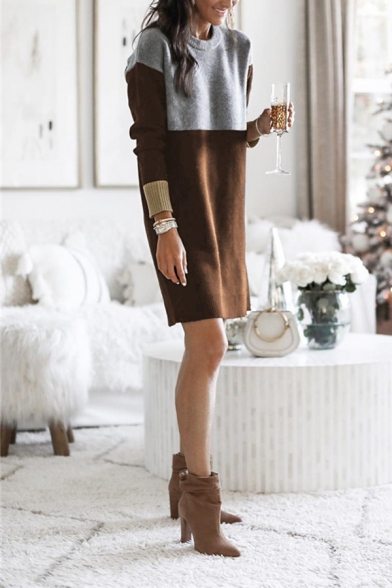 Elegant Fancy Ladies' Long Sleeve Round Neck Contrasted Patched Fluffy Knit Midi Loose Pullover Sweater Dress