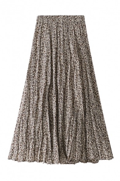 Elegant Ladies' Elastic Waist All Over Floral Printed Maxi Pleated A-Line Skirt