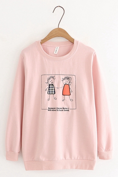 Fancy Letter Cartoon Printed Long Sleeve Round Neck Loose Fit Graphic Sweatshirt