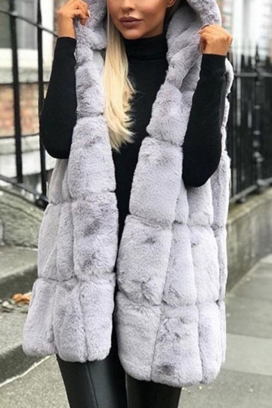 Female Fashion Thick Plain Sleeveless Hooded Baggy Midi Fluffy Fleece Vest