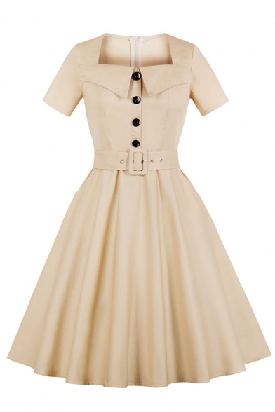 Formal Plain Short Sleeve Turn Down Collar Button Front Buckle Belt Zip Back Midi Pleated Flared Prom Dress for Girls