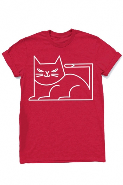 Funny Minimal Cat Printed Short Sleeve Crew Neck Slim Fit Leisure T-Shirt