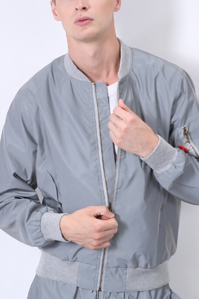 Hip Hop Style Plain Long Sleeve Zip Up Stand Collar Slim Fit Gray Reflective Jacket
