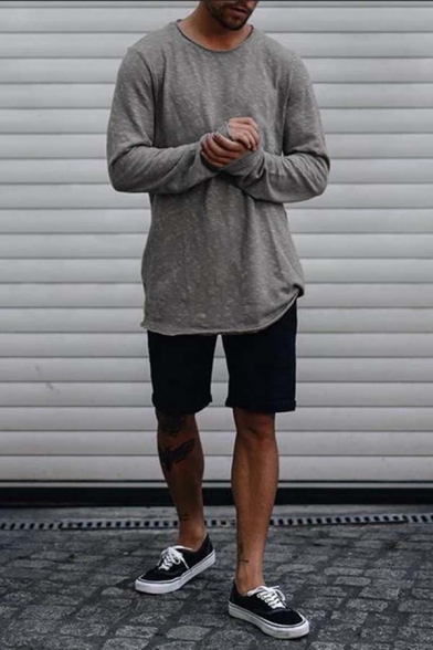 Plain Long Sleeves Round Neck Relaxed Loose Tunic T-Shirt Top for Men