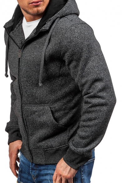 Men's Simple Long Sleeves Zip Up Whole Colored Fleece Hoodie