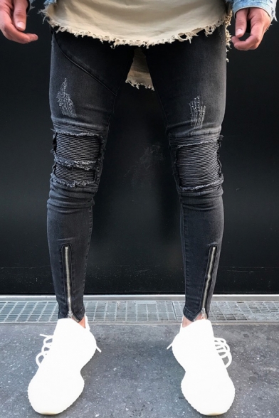 Men's Unique Plain Zipper Ripped Pleated Crumple Patchwork Biker Denim Pants Jeans