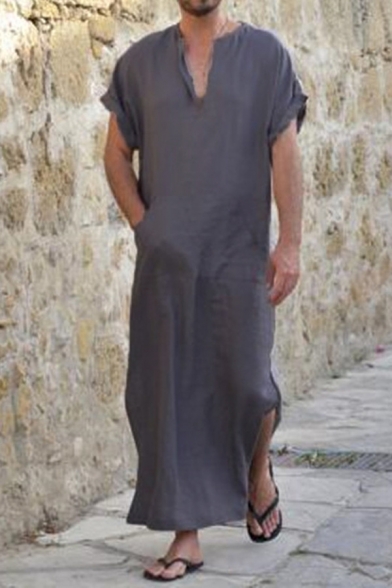 Mens Arabic Retro V-Neck  Short Sleeve Long Loose Shirt Robe Plain Islamic Kaftan