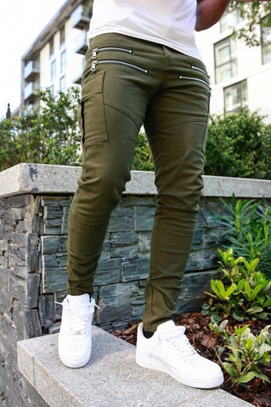 Mens Exclusive Plain Zipper Embellished Multi Pockets Skinny Active Pants
