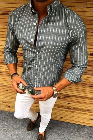 Mens Popular Lapel Collar Long Sleeve Button-Up Slim Fit Striped Shirt