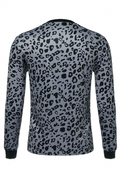 Metrosexual Men's Leopard Pattern Contrast Trim Round Neck Long Sleeve Fitted T-Shirt
