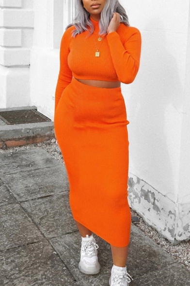 New Fashion Solid Color Long Sleeve Cropped Top with Maxi Skirt Two Piece Set