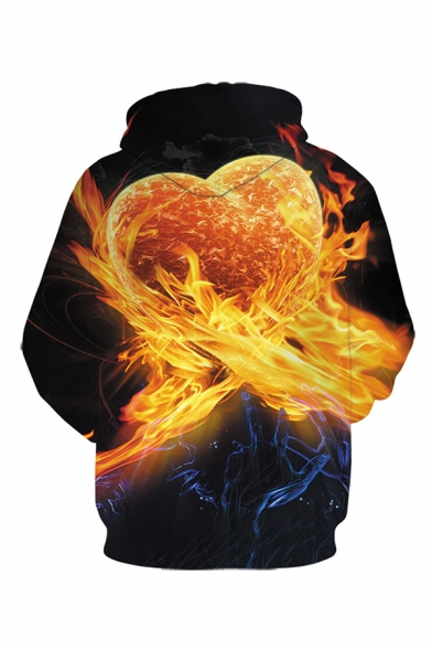 Orange Flame Heart 3D Pattern Long Sleeve Casual Drawstring Hoodie