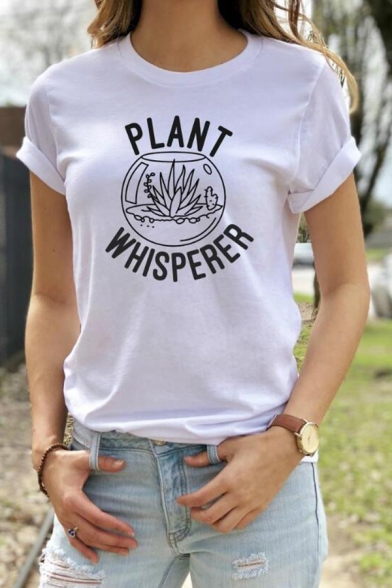 Popular Letter PLANT WHISPERER Print Short Sleeve Crewneck Slim Fit Graphic T-Shirt