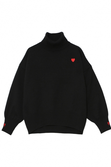 Preppy Girls' Balloon Sleeve Turtleneck Heart Print Purl Knit Oversize Pullover Sweater