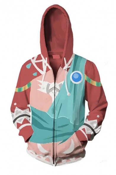Red and Blue Anime Character 3D Print Colorblock Long Sleeve Zip Up Cosplay Hoodie