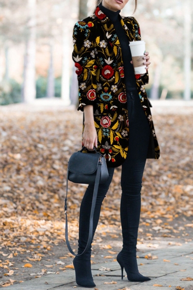 Retro Black Long Sleeve Shawl Collar Floral Printed Slim Fit Midi Wool Coat for Women