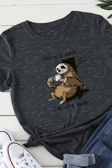 Simple Letter SORRY I CAN'T I'M VERY BUSY Sloth Print Short Sleeves Crewneck Casual Tee