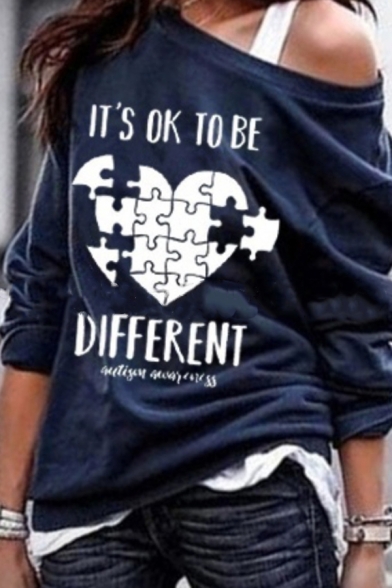 Street Girls' Long Sleeve Drop Shoulder IT'S OK TO BE DIFFERENT Letter Puzzle Pattern Loose Pullover Sweatshirt