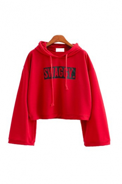 Stylish Letter SWAGGY MATCH POINT TOMMY Print Loose Fit Long Sleeves Crop Hoodie