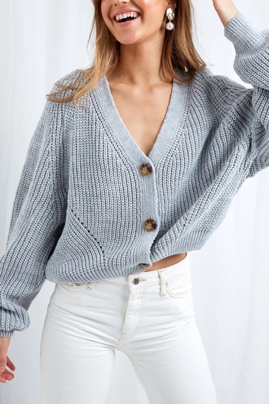 Trendy Elegant Ladies' Balloon Sleeve Deep V-Neck Button Front Hollow Knit Relaxed Fit Plain Crop Cardigan