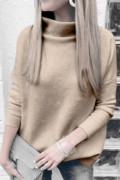 Trendy Elegant Ladies' Long Sleeve High Neck Loose Fit Purl Knit Plain Pullover Sweater Top
