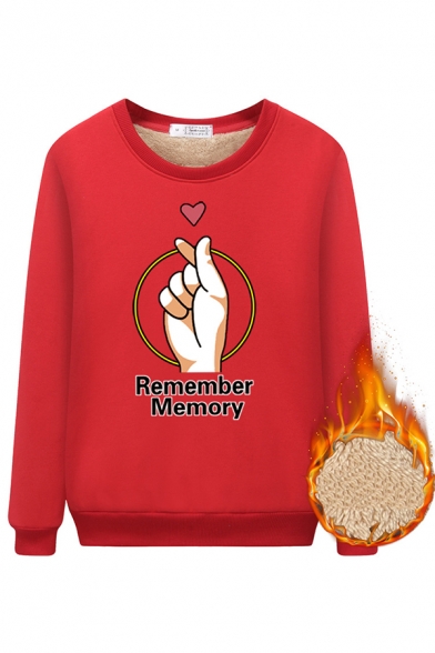 Trendy Girls' Long Sleeve Crew Neck REMEMBER MEMORY Letter Finger Heart Print Fitted Sherpa Lined Sweatshirt