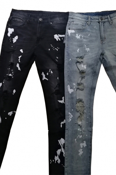 Unique Paint Splash Printed Zipper Fly Fitted Ripped Destroyed Jeans for Men